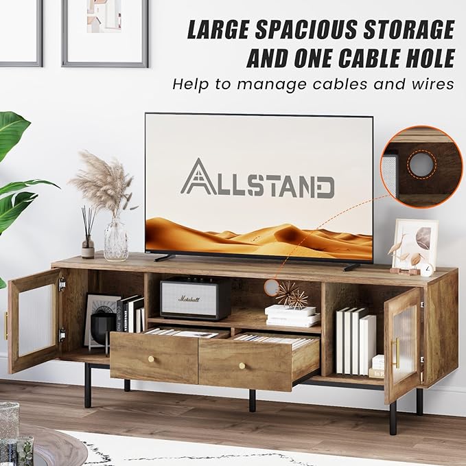 TV Stand for 65 Inch TV, Modern Entertainment Center with 2 Cabinets and 2 Drawers, Mid Century TV Stand for 55/60/65 inch TV, Media Console for Bedroom, Living Room and Office, Brown - LeafyLoom