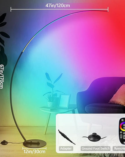 RGBW Arc Floor Lamp, Dimmable LED Floor Lamp with RGBW, Ultra Bright, Modern Standing Tall Lamp with Remote Reading Floor Lamp for Living Room Bedroom Office - LeafyLoom