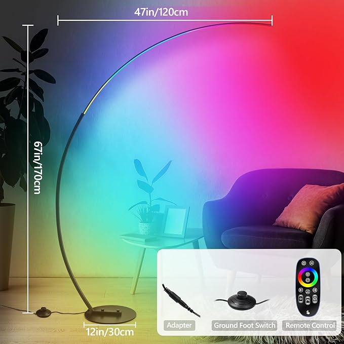 RGBW Arc Floor Lamp, Dimmable LED Floor Lamp with RGBW, Ultra Bright, Modern Standing Tall Lamp with Remote Reading Floor Lamp for Living Room Bedroom Office - LeafyLoom