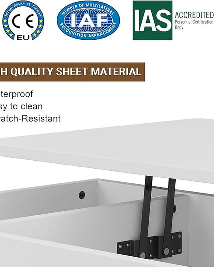 Shintenchi Coffee Table, Lift Top Coffee Table with Hidden Compartment, Rising Tabletop Dining Table, Lift Top Coffee Center Table for for Living Room, Office, Home (White) - LeafyLoom