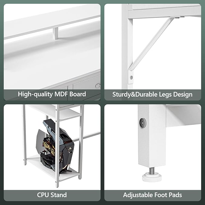 Computer Desk with Drawers and Storage Shelves, Home Office Desk with LED Lights & Power Outlets, Gaming Desk with Monitor Stand, Writing Study Desk, Kids Small Desk for Bedroom, White - LeafyLoom