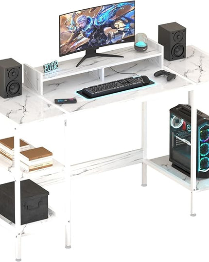 Computer Desk - 55 Inch Home Office Desk with Storage, Gaming Desk with Monitor Stand, Modern Simple Study Table, Adjustable Storage Space, White - LeafyLoom