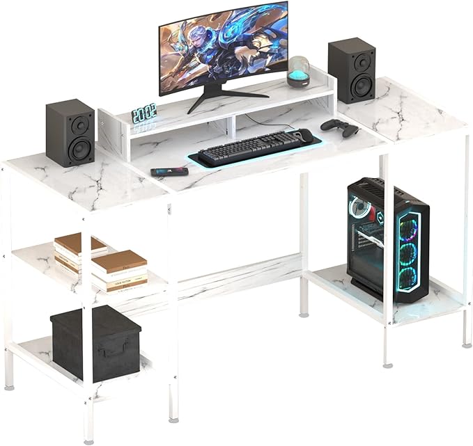 Computer Desk - 55 Inch Home Office Desk with Storage, Gaming Desk with Monitor Stand, Modern Simple Study Table, Adjustable Storage Space, White - LeafyLoom