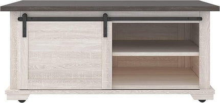 Signature Design by Ashley Dorrinson Farmhouse Coffee Table with Sliding Barn Doors, Antique White & Brown - LeafyLoom