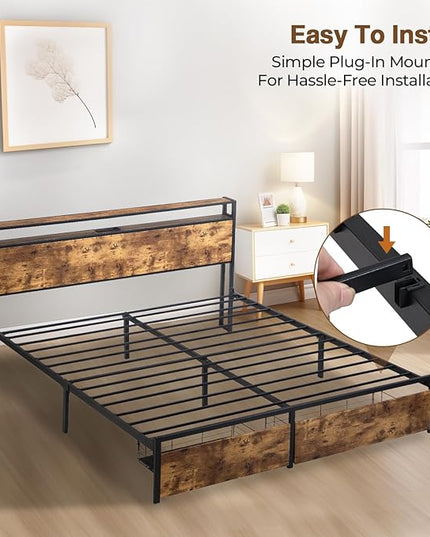 LED Queen Bed Frame with 2 Storage Drawers & Headboard, Platform Metal Bed Frame with Charging Station, Noise-Free, No Box Spring Needed, Vintage Brown - LeafyLoom