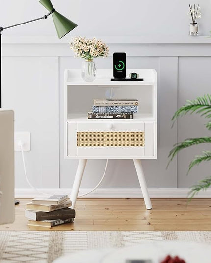 SUPERJARE Nightstand with Charging Station & Rattan-Like Decor Drawer, Rattan End Table with Solid Wood Feet, Bed Side Table with Open Storage, for Bedroom, Living Room, Dormitory - White - LeafyLoom