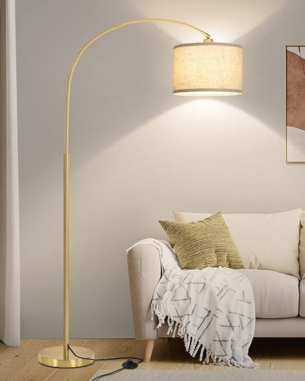 Gold Floor Lamp, Arc Floor Lamp for Living Room with Adjustable Drum Lampshade, Modern Tall Standing Lamp with On/Off Foot Switch, Over Couch Arched Reading Light for Reading, Bedroom, Office - LeafyLoom