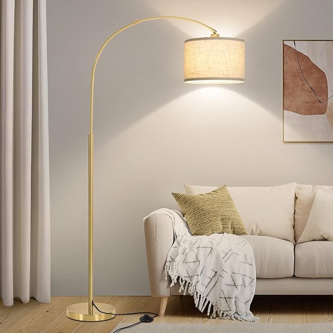 Gold Floor Lamp, Arc Floor Lamp for Living Room with Adjustable Drum Lampshade, Modern Tall Standing Lamp with On/Off Foot Switch, Over Couch Arched Reading Light for Reading, Bedroom, Office - LeafyLoom