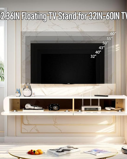 Floating TV Stand in Solid Wood, 52'' High Gloss Wall Mounted TV Cabinet, Floating TV Shelves with 2 Large Doors, Modern Entertainment Media Console Center Large Storage TV Bench (52.36IN) - LeafyLoom
