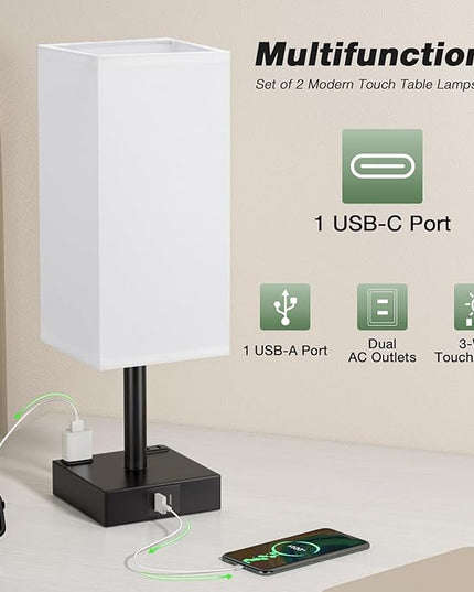 aooshine Black Base White Shade Set of 2 Touch Lamp with USB Port-Nightstand Lamp with USB-C+A Charge Ports& AC Outlets, 3-Way Dimmable Bedside Lamp, Small Table Lamp for Bedroom(Bulb Included) - LeafyLoom