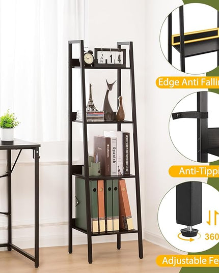 Yoobure Ladder Shelf, 4 Tier Tall Ladder Bookshelf Corner Shelf, Industrial Book Shelf Ladder Bookcase Narrow, Standing Storage Shelves Display Shelf for Bedroom Living Room Office Kitchen Bathroom - LeafyLoom