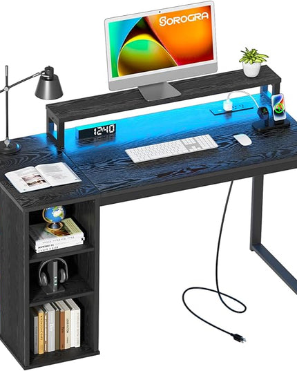 Small Computer Desk with LED Lights 39.4 inch Gaming Desk with Power Outlets and Storage Shelves, Home Office Desk with Monitor Stand for Bedroom, Workstation, Black - LeafyLoom