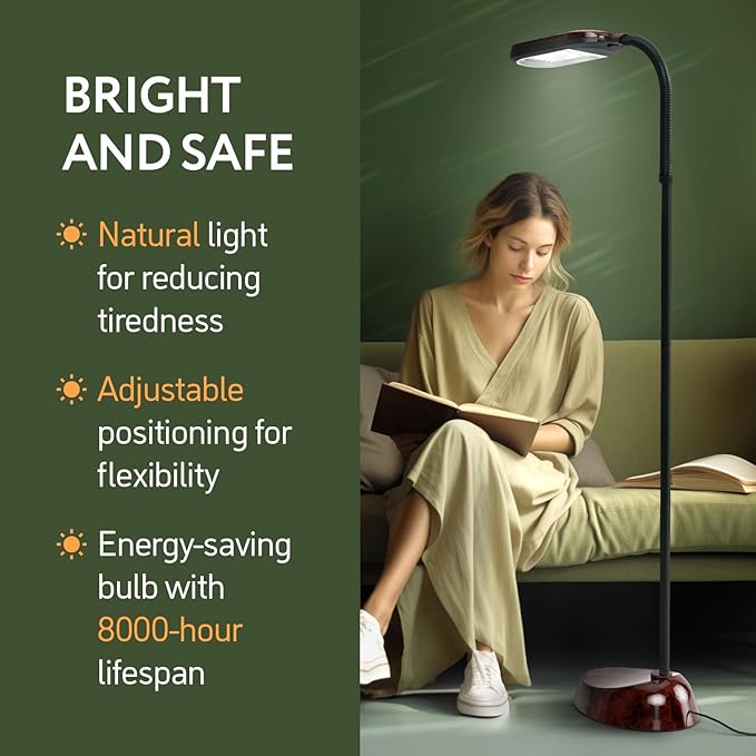 Natural Daylight Floor Lamp - Craft Light Floor Standing for Reading, Crafting, Sewing - 27W Full Spectrum White Bright Sunlight - Adjustable Gooseneck - Task Lamps for Living Room, Bedroom, Office - LeafyLoom