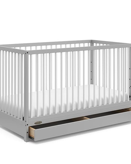Graco Teddi 5-in-1 Convertible Crib with Drawer (Pebble Gray with White) – GREENGUARD Gold Certified, Crib with Drawer Combo, Full-Size Nursery Storage Drawer, Converts to Toddler Bed - LeafyLoom