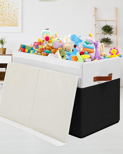 Large Toy Storage Box with Lid, Sturdy Toys Storage Chest Bin Organizer Basket with Dividers for Kids, Boys, Girls, Nursery, Closet, Bedroom, Playroom 25"x13" x16" (Black and White) - LeafyLoom