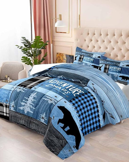 LUVIVIHOME 3PCS Rustic Cabin Comforter Set Queen Size, Farmhouse Bedding, Black Bear Deer Elk Moose Forest Animal Wildlife Hunting Country Brown Patchwork White Blue Plaid Lodge Quilt, 2 Pillow Cases - LeafyLoom