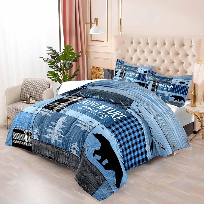 LUVIVIHOME 3PCS Rustic Cabin Comforter Set Queen Size, Farmhouse Bedding, Black Bear Deer Elk Moose Forest Animal Wildlife Hunting Country Brown Patchwork White Blue Plaid Lodge Quilt, 2 Pillow Cases - LeafyLoom