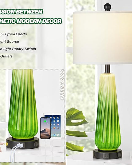 28" Green Glass Table Lamps Set of 2, Modern Table Lamps with USB A+C Ports & AC Outlet, Touch Control Bedside Nightstand Lamp with Crystal Night Light & White Fabric Shade for Bedroom(Bulbs Included) - LeafyLoom