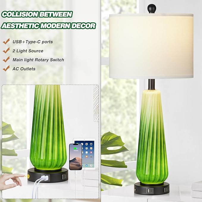28" Green Glass Table Lamps Set of 2, Modern Table Lamps with USB A+C Ports & AC Outlet, Touch Control Bedside Nightstand Lamp with Crystal Night Light & White Fabric Shade for Bedroom(Bulbs Included) - LeafyLoom