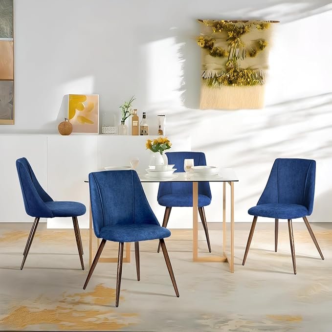 FurnitureR Dining Chairs Set of 2, Upholstered Side Chairs Fabric Armless Living Room Accent Chair with Soft Seat/Metal Legs, Mid-Back Chairs for Home Kitchen Restaurant, Dark Blue - LeafyLoom