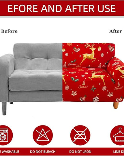 Mybedsoul Christmas Printed Red Sofa Cover Reindeer Printed Elastic Couch Cover Machine Washable Christmas Theme Red Sofa Slipcover for Living Room(2 Seater/Loveseat) Mybedsoul