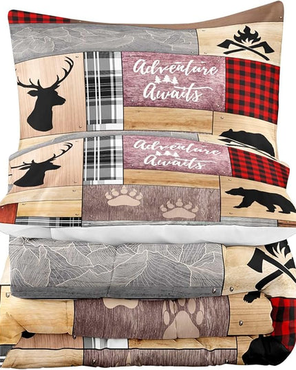 LUVIVIHOME 3PCS Cabin Comforter Set King Size, Rustic Farmhouse Bedding, Black Bear Deer Elk Moose Forest Animal Wildlife Hunting Country Brown Patchwork White Red Plaid Lodge Quilt, 2 Pillow Shams - LeafyLoom