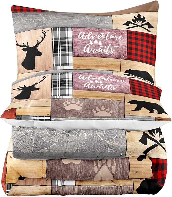 LUVIVIHOME 3PCS Cabin Comforter Set King Size, Rustic Farmhouse Bedding, Black Bear Deer Elk Moose Forest Animal Wildlife Hunting Country Brown Patchwork White Red Plaid Lodge Quilt, 2 Pillow Shams - LeafyLoom