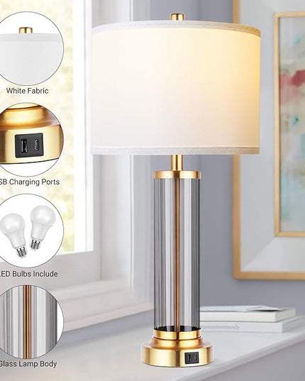 QiMH Touch Control Table Lamp Set of 2 with USB A+C Ports, 3-Way Dimmable Nightstand Lamp with Fabric Cream Shade, Modern Bedside Lamp for Living Room Bedroom Reading, LED Bulbs Included - LeafyLoom