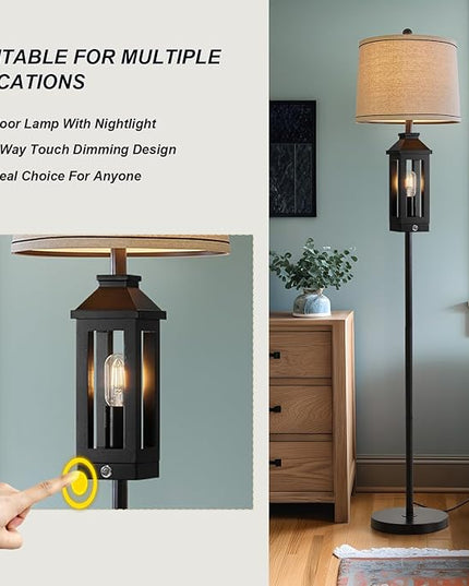 63" Floor Lamps for Living Room Bedside Nightstand Lamp All Black Tall Standing Lamp for Home Decor Bedroom Reading Lamp Farmhouse Rustic Bed Lights with 2 Light Sources (2 Bulbs) - LeafyLoom