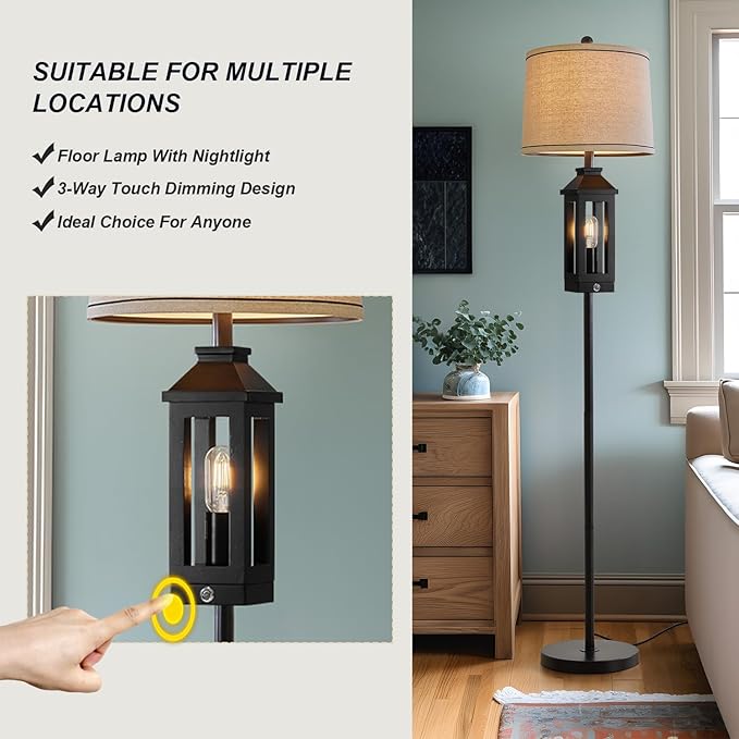 63" Floor Lamps for Living Room Bedside Nightstand Lamp All Black Tall Standing Lamp for Home Decor Bedroom Reading Lamp Farmhouse Rustic Bed Lights with 2 Light Sources (2 Bulbs) - LeafyLoom
