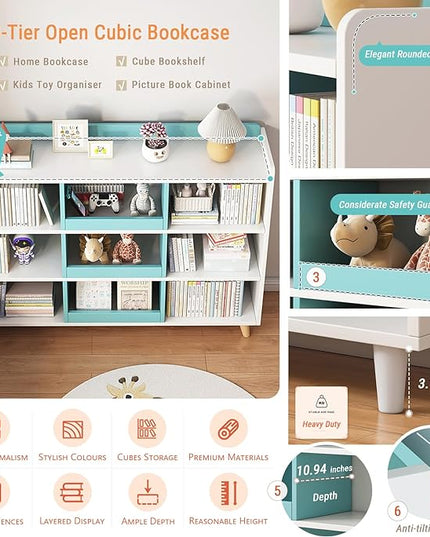 Wooden Cube Bookcase with Legs - 3-Tier Open Shelf Kidsroom Sorted Storage Cabinet Organizer for Books and Toys, 6-Cube Lattice Cute Cubby Bookshelf in White Mixed Westlake Blue, 32" W - LeafyLoom