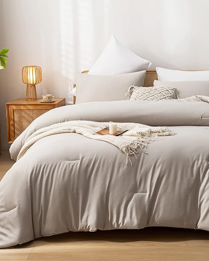 3PCS Boho Full Size Comforter Set Tannish Grey Farmhouse Bed Comforter for Teen Women and Men Reversible Warm Washable Microfiber Comforter for All Season - LeafyLoom