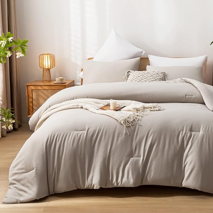 Queen Comforter Solid Color 3PCS Boho Bed Comforter Set Queen Size Tannish Grey Soft Lightweight Down Alternative Microfiber Comforter for All Season (1 Comforter, 2 Pillowcases) - LeafyLoom