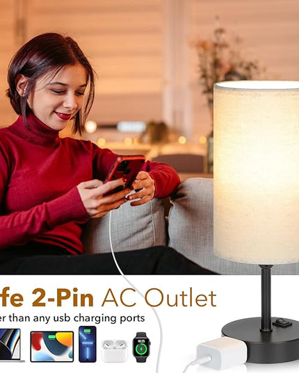 GGOYING Bedside Table Lamp,3-Way Dimmable Bedside Lamps 2700K 3500K 5000K with AC Outlet,Beige Cylindrical Lampshade for Livingroom Office Reading Working Kid - LeafyLoom