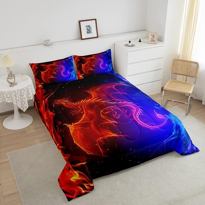 Erosebridal Dragon Comforter Set Nebula Bedding Set Twin Size Mysterious Outer Space Quilted Duvet Trippy Duvet Set for Kids Boys Girls Teens Young Man Room Decorative, Blue Red - LeafyLoom