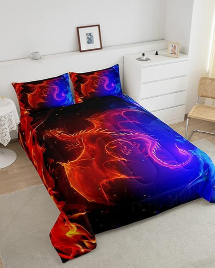 Erosebridal Dragon Comforter Set Nebula Bedding Set Queen Size Mysterious Outer Space Quilted Duvet Trippy Duvet Set for Kids Boys Girls Teens Young Man Room Decorative, Blue Red - LeafyLoom