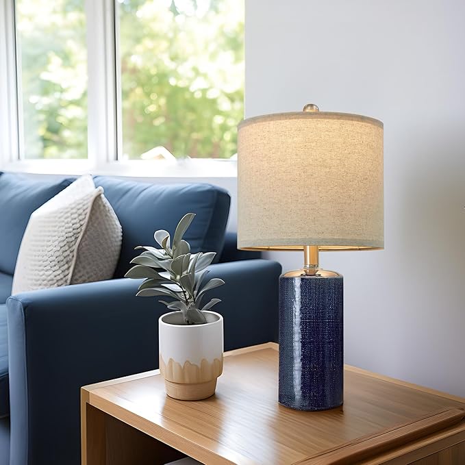 20.25" Small Table Lamps Set of 2 Modern Ceramic Lamps for Living Room Farmhouse Bedside Lamps Boho Lamps for Night Stands Blue Bedroom Lamps Side Table Lamps End Table Lamps - LeafyLoom