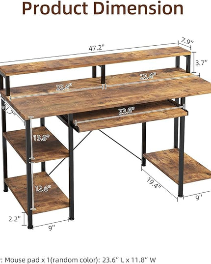 VERMESS Computer Desk, 48 Inch Home Office Desk, Gaming Desk with Keyboard Tray, Full Monitor Stand, Storage Shelves, CPU Stand Shelf, 47" Study Table Wide Writing Desk for 2 Monitors, Rustic Brown - LeafyLoom