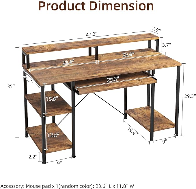 VERMESS Computer Desk, 48 Inch Home Office Desk, Gaming Desk with Keyboard Tray, Full Monitor Stand, Storage Shelves, CPU Stand Shelf, 47" Study Table Wide Writing Desk for 2 Monitors, Rustic Brown - LeafyLoom