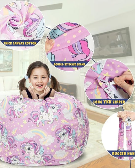 Stuffed Animal Storage Bean Bag Chair Cover, Hold Kids Plush Toys Blankets Towels Beanbag (Cover Only), Canvas Floor Circle Stuff Sit Seat Sofa with YKK Zipper, Extra Large 38", Unicorn - LeafyLoom