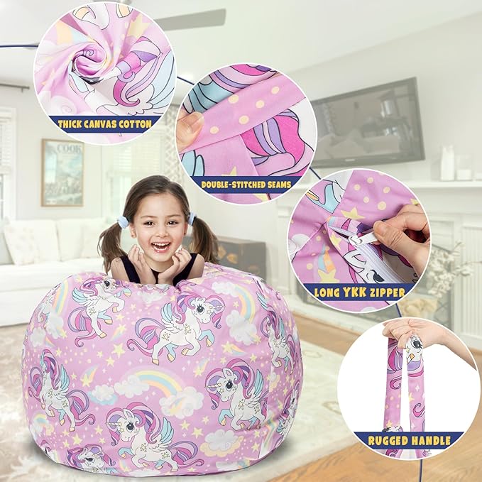 Stuffed Animal Storage Bean Bag Chair Cover, Hold Kids Plush Toys Blankets Towels Beanbag (Cover Only), Canvas Floor Circle Stuff Sit Seat Sofa with YKK Zipper, Extra Large 38", Unicorn - LeafyLoom