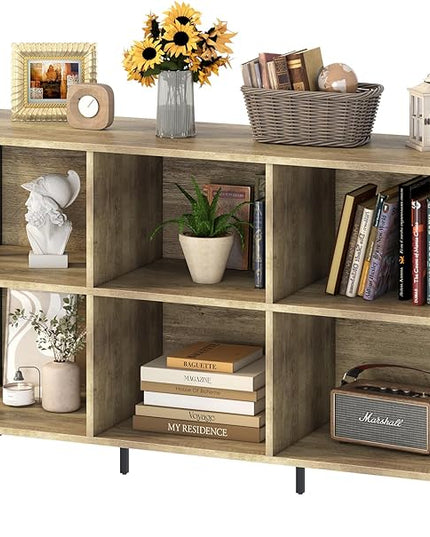Horizontal Bookshelf Bookcase,6 Cube Storage Organizer with Open Shelf,47 Inch Industrial Low Wide Wood and Metal Cubby shelf,Long shelving unit for Home Office Living Room(Rustic Oak,6 Cube) - LeafyLoom