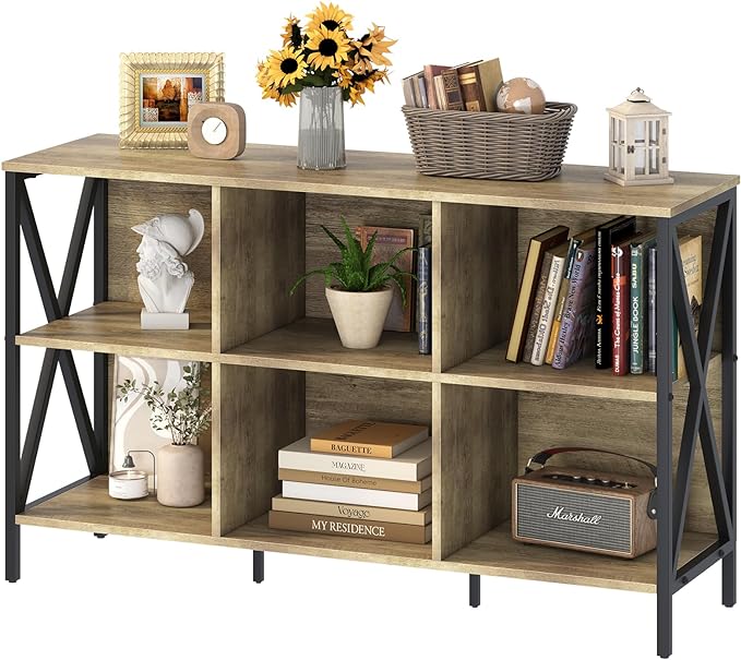 Horizontal Bookshelf Bookcase,6 Cube Storage Organizer with Open Shelf,47 Inch Industrial Low Wide Wood and Metal Cubby shelf,Long shelving unit for Home Office Living Room(Rustic Oak,6 Cube) - LeafyLoom