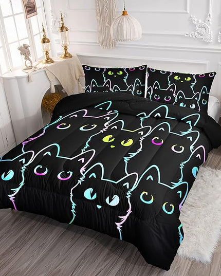 Axolotl Kids Bedding Cartoon Twin Size,Gradient Line Cute Cat Bedding Set for Teens Kids Boys Girls Adults Room Decor, All Season,1 Comforter 2 Pillow Cases,Black - LeafyLoom