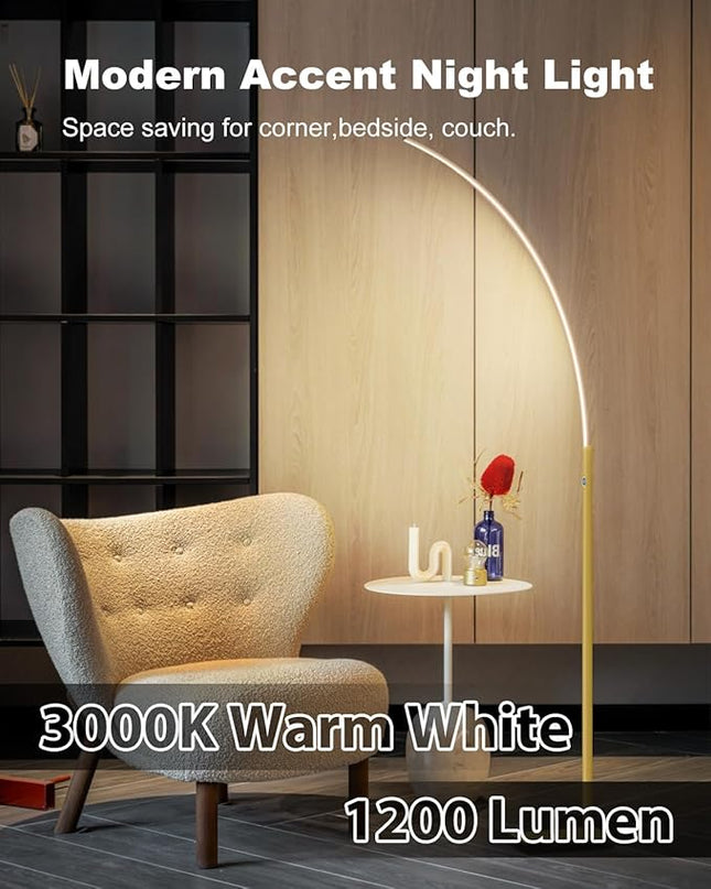 TACAHE Arc Corner Floor Lamp - 3000K Warm White & 3 Brightness Presets - Curved LED Accent Lamp with Touch Switch - 63" Modern Standing Lamp for Bedroom, Living Room - 12W - Gold - LeafyLoom