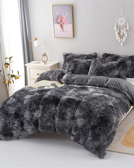 WINLIFE Shaggy Comforter Set Twin Grey for Boys Teens Faux Fur Bedding Sets Flannel Furry Comforter Plush Comforter Sets Gradient Ombre Tie Dye Bed Sets (3Pcs, Twin, Dark Grey) - LeafyLoom