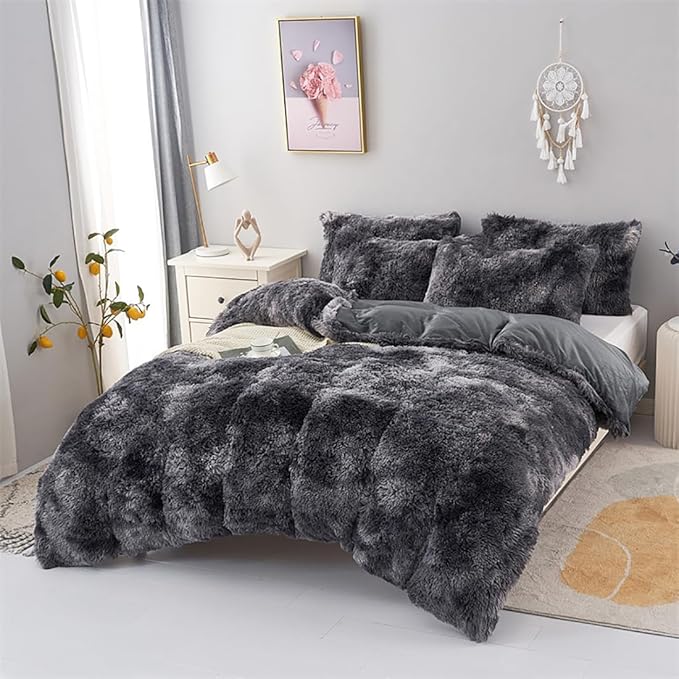 WINLIFE Shaggy Comforter Set Twin Grey for Boys Teens Faux Fur Bedding Sets Flannel Furry Comforter Plush Comforter Sets Gradient Ombre Tie Dye Bed Sets (3Pcs, Twin, Dark Grey) - LeafyLoom