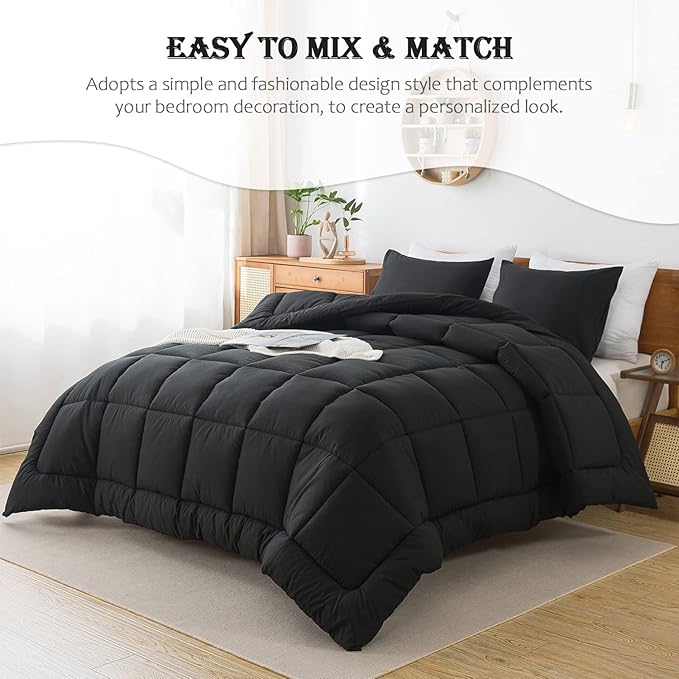 WhatsBedding Black Twin Comforter Set, Lightweight All Season Soft Down Alternative Bed Comforter, Bedding Set with 1 Pillowcases, Twin Size, 64"x88" - LeafyLoom
