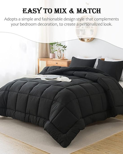 WhatsBedding Black King Comforter Set, Lightweight All Season Soft Down Alternative Bed Comforter, 3 Pieces Bedding Set with 2 Pillowcases, King Size, 102"x90" - LeafyLoom