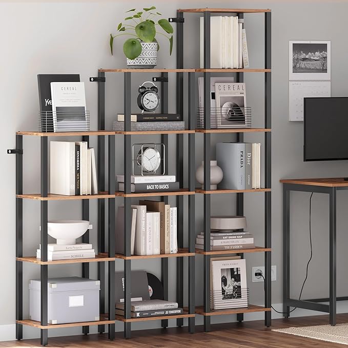 TUTOTAK Bookshelf, 5-Tier Tall Book Shelf, Narrow Bookcase for Small Space, DIY Stackable Bookshelf, for Living Room, Office, Study, Entryway, Industrial, Rustic Brown and Black BS01BB005 - LeafyLoom